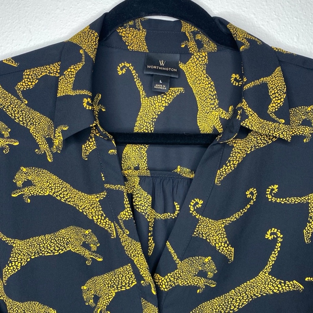 Worthingotn Black/Amber Leopard Print V-Neck Button Up Long Sleeve Blouse Size L - Picture 7 of 13
